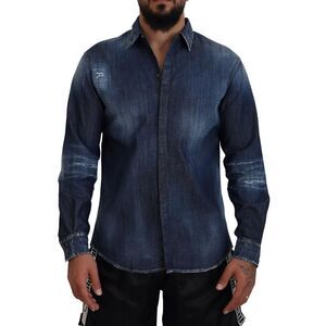 Dsquared² Blue Tattered Crystal Embellished Denim Men's Shirt